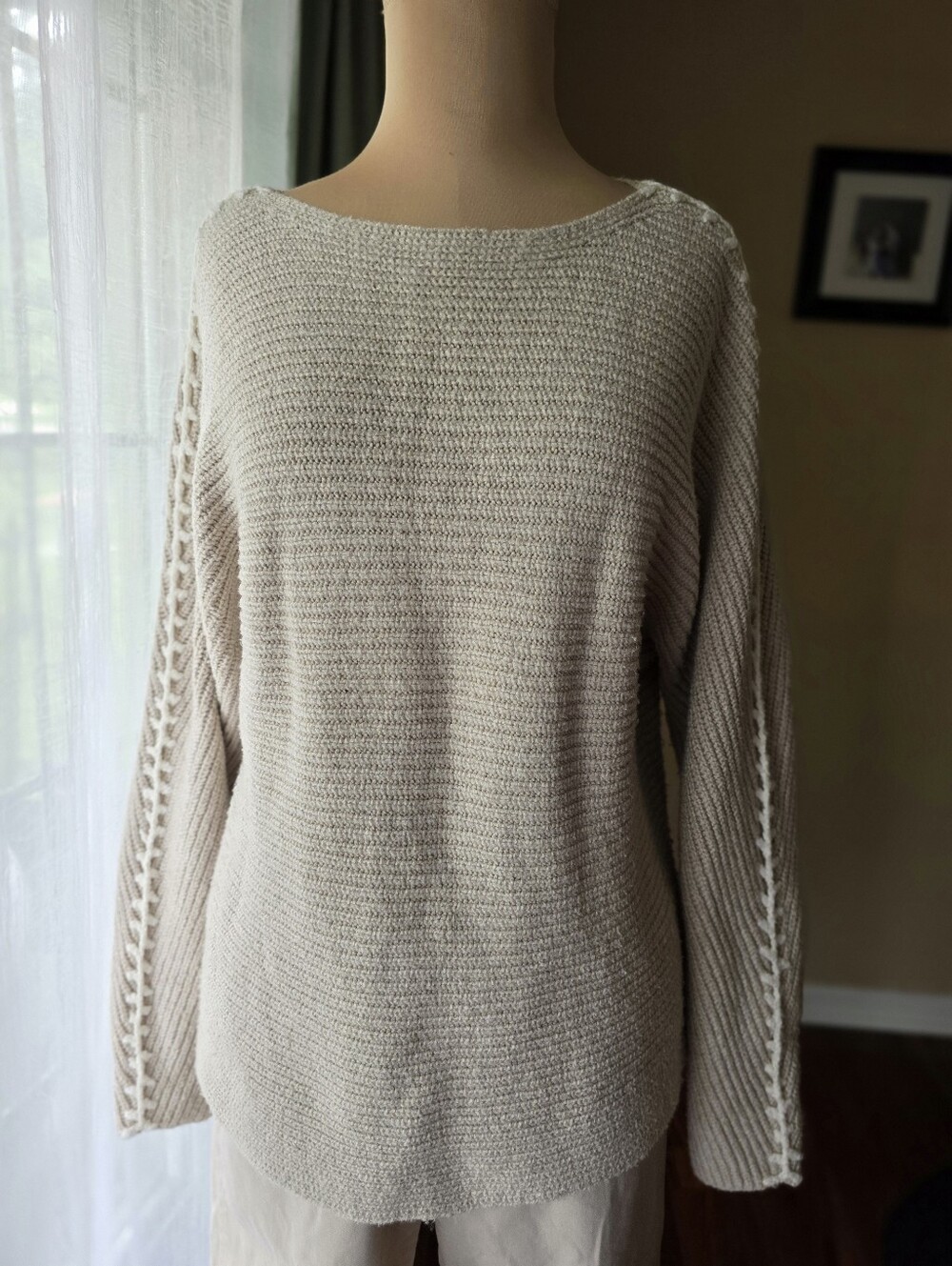 Pure Jill Hand-Stitched Details Boat-Neck Sweater Light Tan Cream Size Small